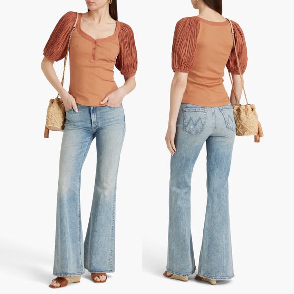 NWT Ulla Johnson Marika Top Puff Sleeves Scoop Neck Rib Knit Sz XL In Chestnut - Picture 2 of 11